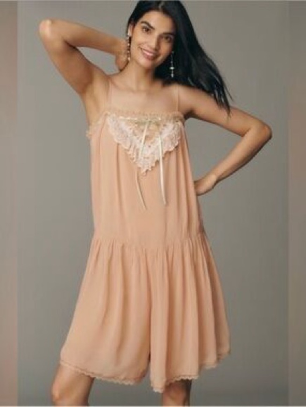 Anthropologie Sheer Lace-Trim Slip Dress Romper in Blush XS